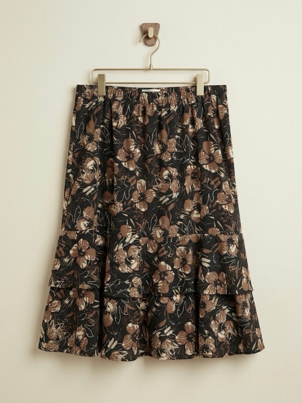 Sag Harbor Woman 20W Brown Floral Tiered Midi Skirt Elastic Waist Cottagecore - Picture 2 of 6